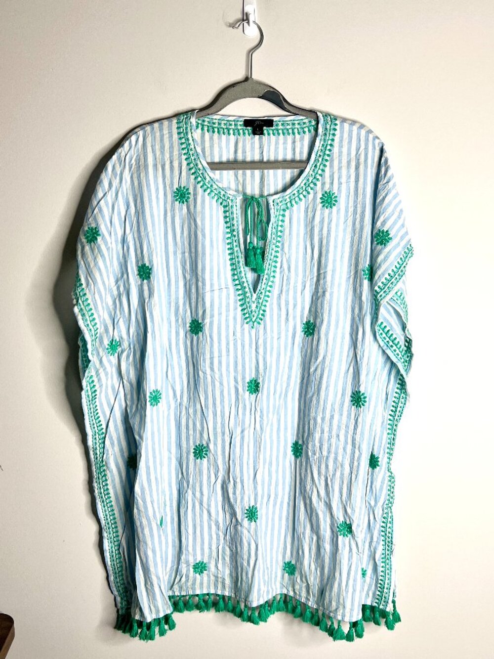 J. Crew Embroidered Swim Tunic Cover-Up Tasseled Striped Beach Coastal Sz L